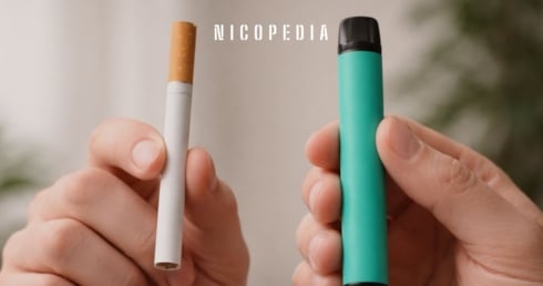 Händer som håller och jämför en cigarett med en engångsvape. Vape vs cigaretter