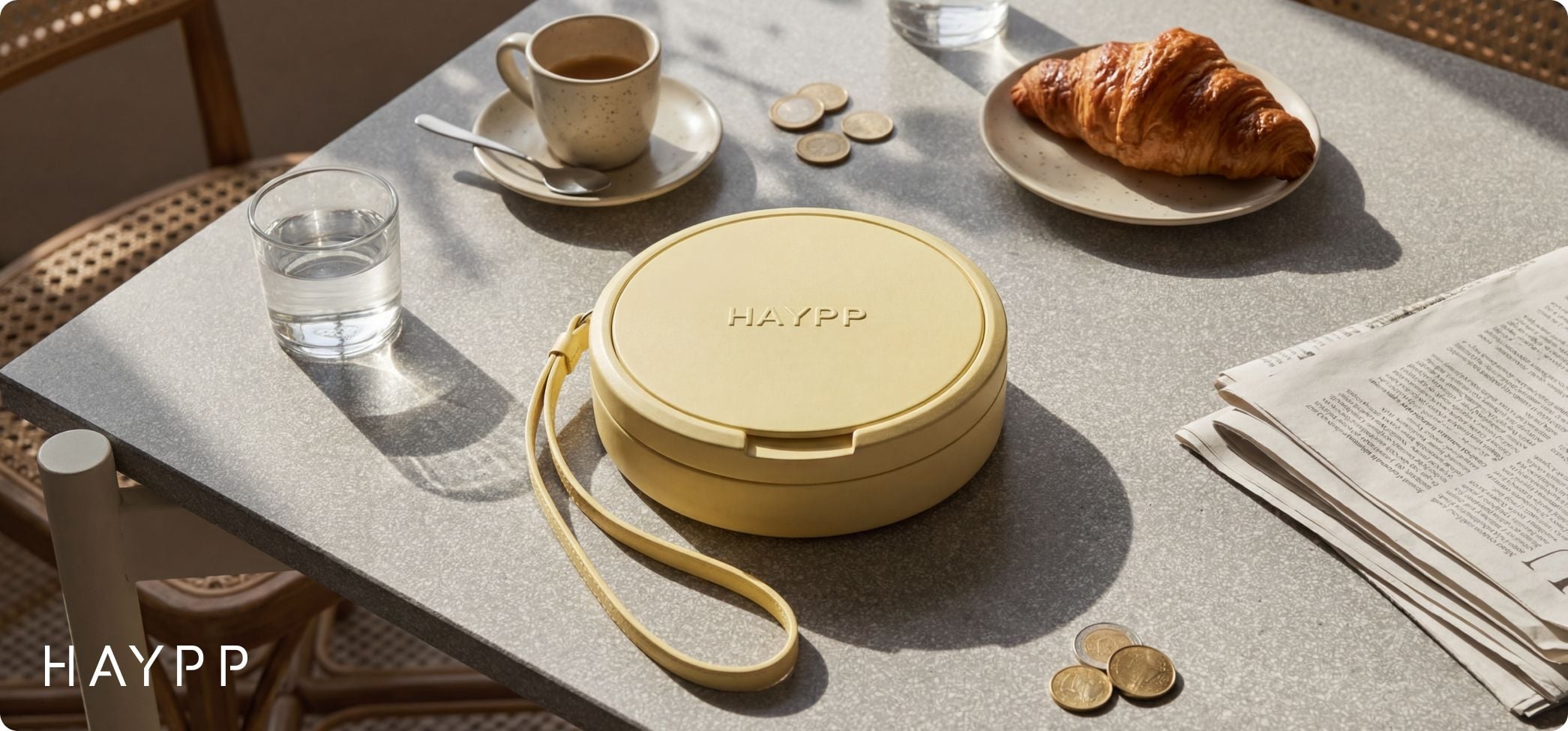 En snusväska som ligger på ett cafébord - Haypps nya lansering, snusväskan