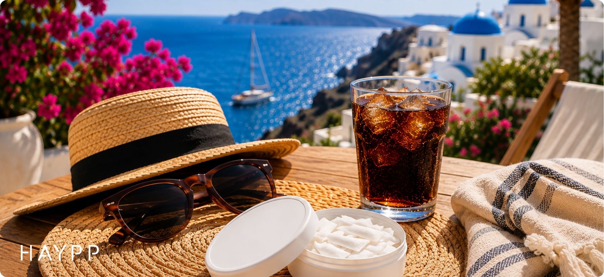 Vitt snus på ett bord och santorini i bakgrunden