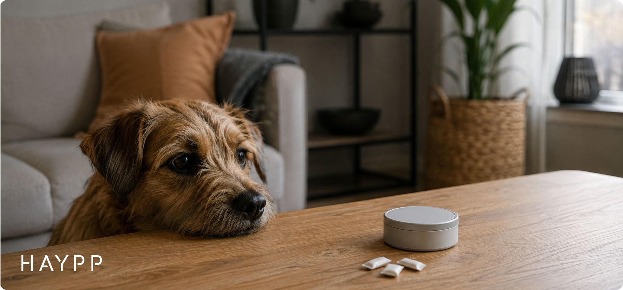 Hund som tittar på en snusdosa som ligger på ett bord
