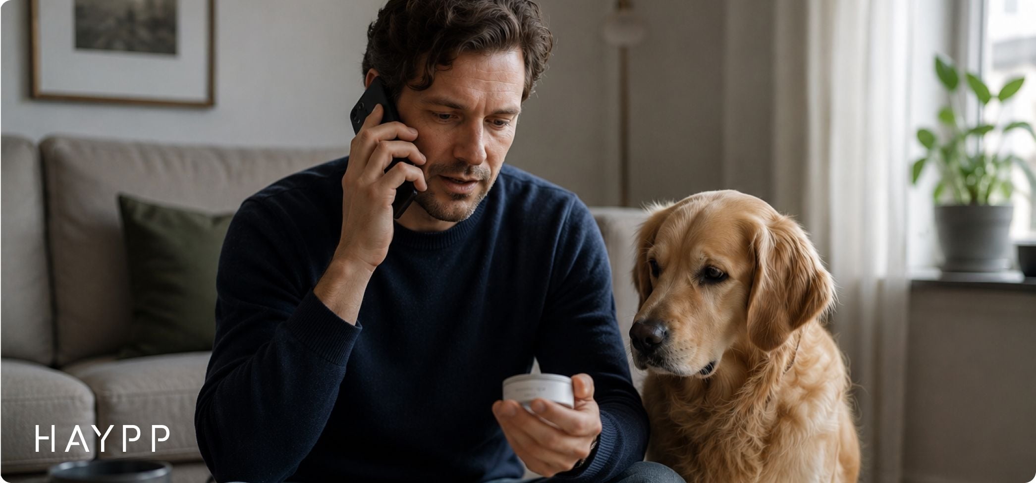 En husse som ringer veterinären efter hund ätit snus