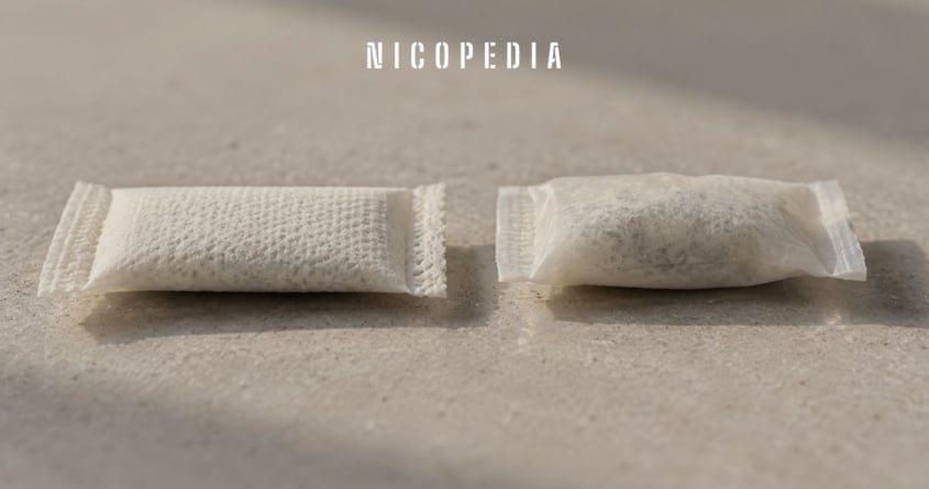 En torr och en fuktig nikotinpåse bredvid varandra, torrt vs fuktigt snus